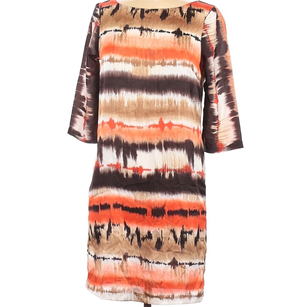 Alexia Admore Casual Dress Brown Tan 3Q Sleeve Embroid Detail Sz 4 #500